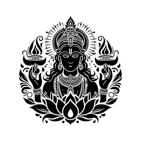 A black and white drawing of a woman wit... | Premium Vector #Freepik #vector #lakshmi #parvati #goddess-durga #laxmi Laxmi Drawing For Diwali, Lotus Vector Design, Diwali Goddess, Parvati Goddess, Mandala Logo Design, Lotus Vector, Mandala Logo, Drawing Of A Woman, Simple Kitchen Design