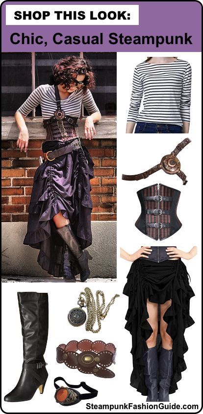 How to recreate this chic, casual Steampunk outfit. Includes product and store recommendations and tips on putting it all together. Recommendations for striped boatneck tops, harnesses, striped underbust corsets, high low hem skirts, pocket watches, black leather boots, belts and monocles. Perfect for a steampunk villainess costume. - For costume tutorials, clothing guide, fashion inspiration photo gallery, calendar of Steampunk events, & more, visit SteampunkFashionGuide.com Steampunk Costume Women, Corset Cosplay, Corsets Fashion, Casual Steampunk, Everyday Steampunk, Steampunk Outfits, Masquerade Outfit, Steampunk Halloween, Costume Tutorial