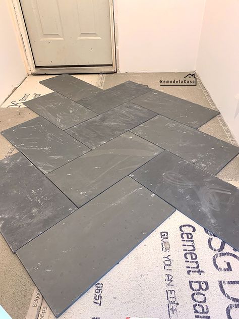 Dry lay out slate tile - mudroom Dining Room Tile Floor, Blue Slate Floor, Grey Marble Bathroom Floor, Tile Mudroom, Octagon Tile Floor, Blue Slate Tile, Slate Bathroom Floor, Slate Bathroom Tile, Slate Floor Kitchen