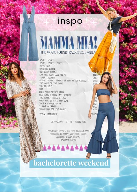 Mamma Mia outfit, aesthetic. Glitter outfit, two piece outfit, yellow skirt, mamma mia soundtrack. Bachelorette weekend. Invitation. Itinerary. Inspo Mama Mia Party Outfit Ideas, Mamma Mia Themed Outfits, Mama Mia Bachelorette Party Outfits, Queen Invitations, Mamma Mia Bachelorette Party Outfits, Mamma Mia Theme Party Outfit, Mamma Mia Party Outfit, Mama Mia Party Outfit, Mamma Mia Aesthetic Outfits