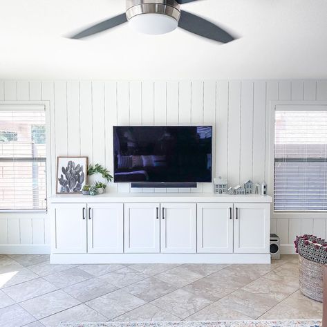 Champagne Taste Design, LLC on Instagram: “Vertical shiplap for the win with these 8’ ceilings 🙌🏽 #TVwall #mediawall #entertainmentcenter #mediacenter #modernstyle #interiorinspo…” Media Wall Shiplap, Tv Wall Shiplap Vertical, Vertical Shiplap Tv Wall, Basement Shiplap Tv Wall, Wide Vertical Shiplap, Shiplap Tv Wall, Vertical Shiplap Wall, Shiplap Living Room, Tv Wall Cabinets