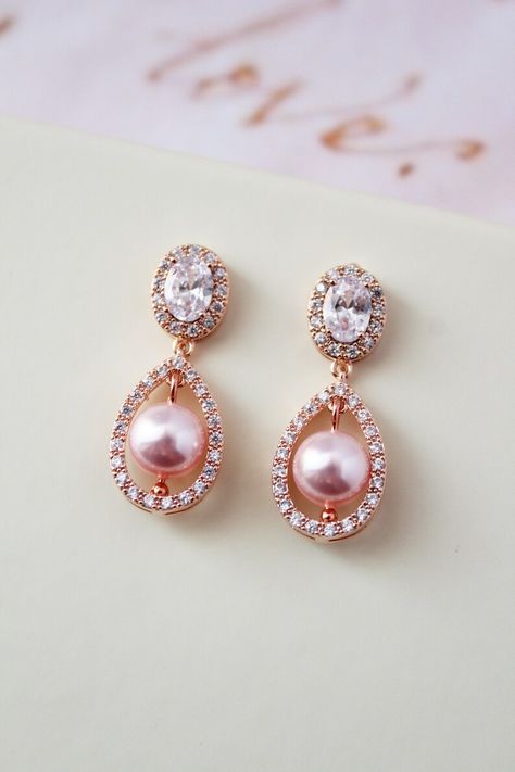 Dainty Rose Gold Pink Bridal Earringsblush Pearl Drop - Etsy UK Pearl Drop Earrings Wedding, Gold Art Deco Earrings, Drop Earrings Wedding, Pearl Drop Earrings Bridal, Gold Necklace Wedding, Long Bridal Earrings, Bridesmaid Pearl Earrings, Silver Bridal Earrings, Dangle Earrings Wedding