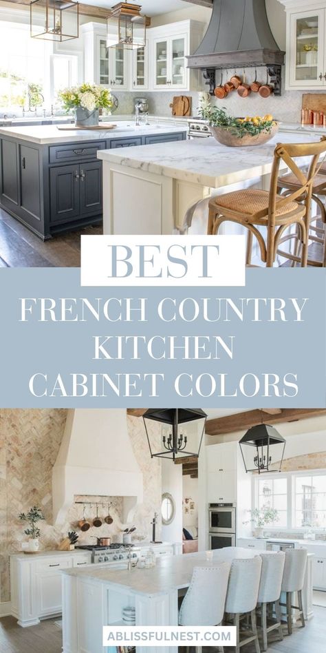 Get inspired to refresh your cooking space with these warm, inviting hues that bring a touch of rustic elegance to your home. Explore the charm of French country kitchen cabinet colors on the blog! #frenchcountrystyle #kitcheninspo #cabinetcolorideas French Country Kitchens Farmhouse Cabinet Colors, Modern Country French Kitchen, French Country Kitchen Flooring Ideas, Transitional French Country Kitchen, French Country Cabinet Pulls, French Country Kitchen Cabinet Colors, French Country Inspiration, Vintage French Country Kitchen, French Country Cabinet Hardware