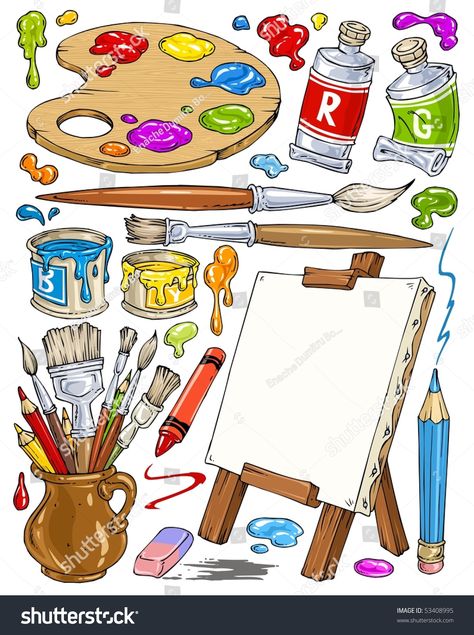 Painting Tools Drawing, Art Tools Drawing Sketch, Art Supply Drawing, Art Supplies Illustration, Art Materials Illustration, Art Tools Illustration, Drawing Painting Ideas, Painting Cartoon, Art Painting Supplies