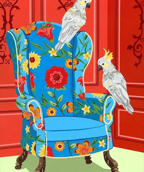 Artist | Britty Em Chair Painting Art, Painting Alternative, Sofa Painting, Blue Wingback Chair, Cozy Chairs, Canvas Tapestry, Chair Art, Color Palette Bright, Painted Chairs