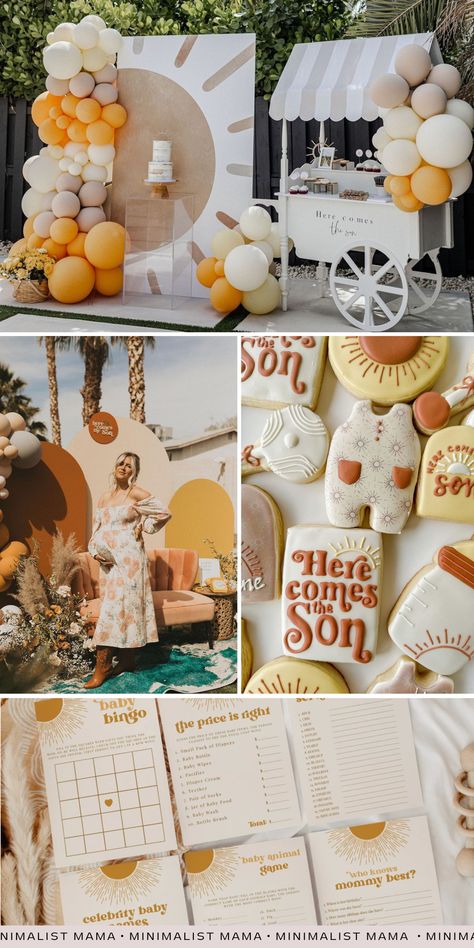 a collage of ideas for a here comes the son baby shower Cute Boy Baby Shower Themes, Here Comes The Son, Baby Shower Theme Decorations, Sunshine Baby Showers, Summer Baby Shower, Spring Baby Shower, Baby Gender Reveal Party, Shower Inspiration