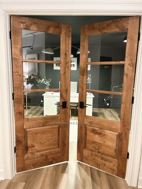 Custom made wood french doors with glass. Can be used for barn door, pocket door hinge door. Pantry , laundry, bathroom , kitchen. Can be made in your own custom design, or any configuration. Doors are made with mortise and tenon joints for strength and durability. Every door is handmade by me..and i wouldnt send nothing to you that i wouldnt put in my house. I take pride in everything i create. Your space, your vision, your door. Send me a message. Thanks. Craftsman French Doors Interior, Playroom French Doors, Rustic French Doors Interior, Barn Door For Pantry Kitchens, Office Doors With Transom, Wooden Door With Window, Glass Doors To Office, Farmhouse Office Doors, Playroom With French Doors