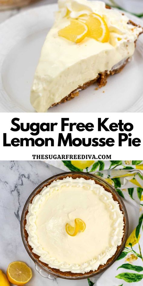 Sugar Free Keto Lemon Mousse Pie, an easy and tasty recipe for a homemade no bake lemon pie that has no added sugar. #ketopie #lowcarb. Sugar Free Lemon Pie Recipe, Keto Lemon Mousse, No Bake Lemon Pie, Sugar Free Pie, Sugar Free Desserts Easy, No Bake Lemon, Mousse Pie, Lemon Pie Recipe, Low Sugar Desserts