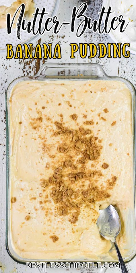 The best update on original banana pudding yet! Creamy Nutter Butter banana pudding is made from scratch - no boxed pudding mix here! Banana Pudding Recipe From Scratch, Nutter Butter Banana Pudding, Original Banana Pudding Recipe, Peanut Butter Banana Pudding, Banana Pudding From Scratch, Homemade Banana Pudding Recipe, Restless Chipotle, Banana Pudding Recipe, Homemade Banana Pudding