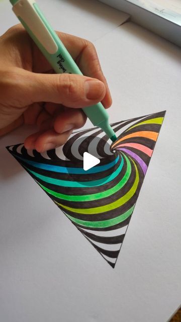 Mandalas, Zentangles, Doodles on Instagram: "Colourful triangle" Design In Triangle Drawing, Triangle Art Design, Colourful Zentangle Art, Op Art Design, Triangle Drawing, Geometric Line Pattern, Paper Weave, Colouring Ideas, Illusion Drawings