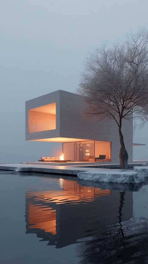 Residential project with firepit surrounded by water Minimalist Architecture Exterior, Architecture Photography Buildings, Model Houses, Loft House Design, Contemporary House Exterior, Modern Villa Design, Architecture Model House, Architecture Design Concept, Contemporary House Design