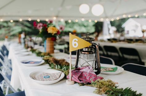 Flag Table Numbers, Glamping Dinner, Camp Wedding Ideas, Camping Themed Wedding, Camping Wedding Theme, Moonrise Kingdom Wedding, Campsite Wedding, Nature Cake, Flag Table