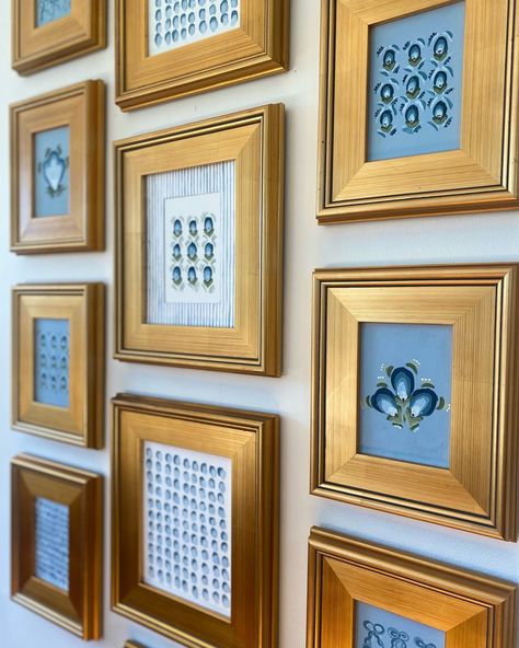 Brass Photo Frame Wall, Unique Framing Ideas For Artwork, Shelf With Frames, Wall Collage Frames, Dorm 2023, Gold Frame Gallery Wall, Gold Gallery Wall, Large Gallery Wall, Unique Framing