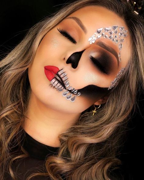 Half Glam Skull Makeup, Catrina Half Face Makeup, Rhinestone Skeleton Makeup, Rhinestone Skull Makeup, Half Sugar Skull Makeup, Glam Skull Makeup, Pretty Skeleton Makeup, Candy Skull Makeup, Skeleton Face Makeup