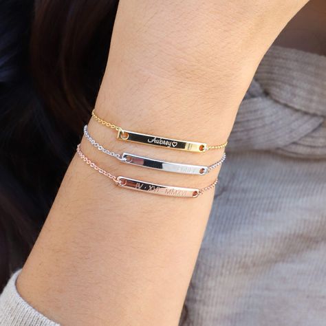 Bar Bracelet Personalized, Silver Bar Bracelet, Gold Bar Bracelet, Customised Bracelets, Signature Necklace, Bracelet Initial, Message Bracelet, Bracelet Couple, Silver Bar Necklace