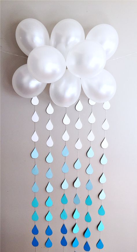 Raindrop Decorations, Umbrella Birthday Party, Rain Decorations, Rain Day Decoration In School, Rain Decor, Rainy Season Theme Decoration, Rain Theme Party, Weather Birthday Party Ideas, Rain Party Theme