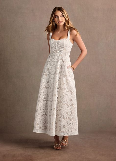 Non Traditional Wedding Dress Midi, Flowy White Midi Dress, Bridal Midi Dress, Garden Party Wedding Dress, Eyelet Wedding Dress, White Tea Length Dress, White Formal Dresses, White Midi Dresses, White Lace Dress Boho