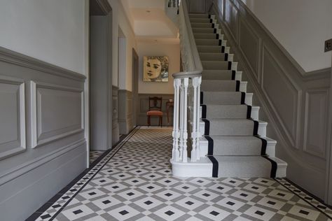 Edwardian Hallway, Hallway Ceiling Lights, Hall Tiles, Victorian Hallway, Victorian Floor Tiles, Hall Flooring, Green Hallway, Victorian Floor, Large Hallway