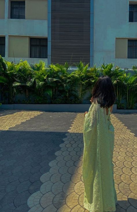 sage green saree Green Saree Aesthetic, Sage Green Saree, Aesthetic Saree, Bottle Green Saree, Saree Pose, Short Hair Outfits, Brunette Hair Cuts, Green Sari, Cafe Pictures