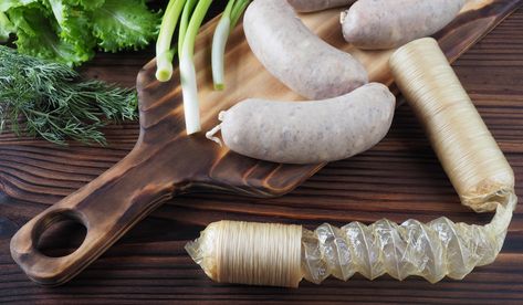 intestines for sausage casing and raw sausages on wooden table Sirloin Tip Steak, Bison Meat, Top Round Steak, Types Of Sausage, Buffalo Meat, Blood Sausage, Beef Round, Sausage Casing, Breakfast Meat