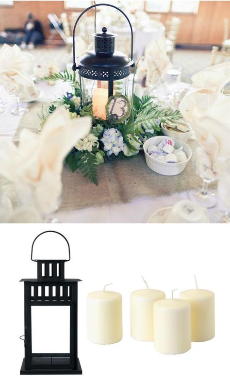 Centerpiece idea Lanterns Table, Hay Wedding, Ikea Lanterns, Ikea Wedding, Christmas Wedding Flowers, Unique Wedding Centerpieces, Winter Romance, Fern Wedding, Lantern Centerpiece Wedding