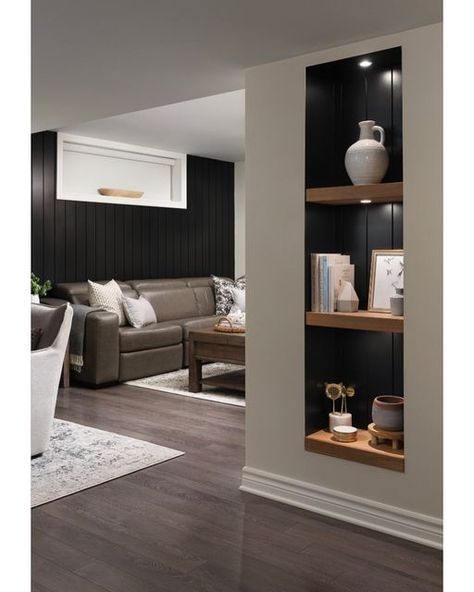 Black Shiplap Wall With Shelves, Black Accent Wall In Basement, Black Wall Basement Ideas, Basement Office Nook, Black Built In Shelves, Black Basement Walls, Behind Bar Wall Ideas, Basement Accent Wall Ideas, Recessed Wall Ideas