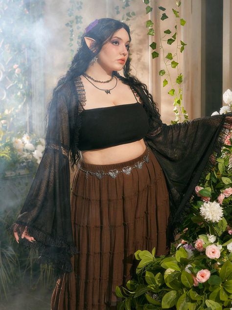 Romwe Fairycore, Open Front Crop Top, Plus Size Hippie, Fair Outfits, Fest Outfits, Earthy Outfits, Estilo Hippie, Front Crop Top, Top Shein