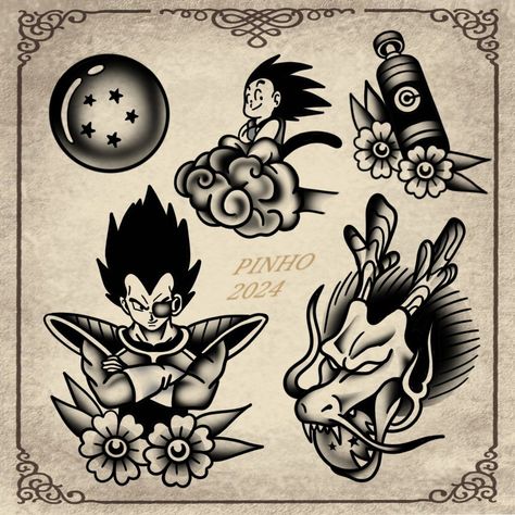 Dragon Ball American Traditional Tattoo, American Traditional Anime Tattoo, American Traditional Anime, Dragon Flash Tattoo, Black Work Traditional Tattoo, Nerd Tattoo Ideas, Old School Tattoo Black, Goku Tattoo, Traditional Tattoo Old School