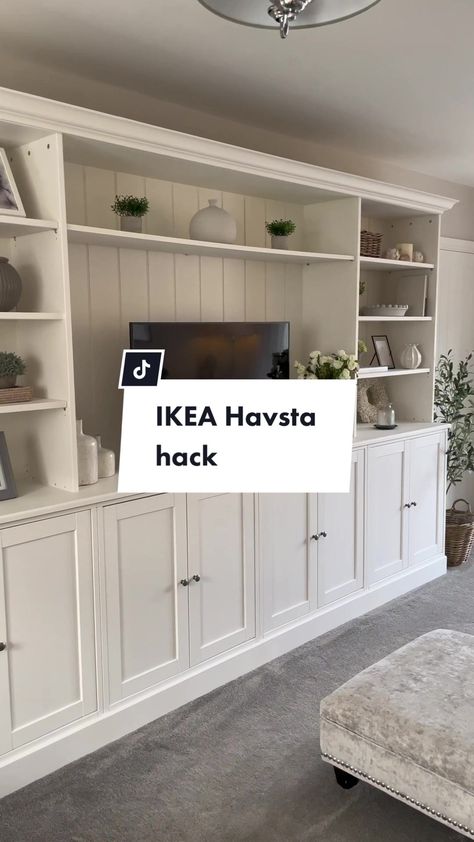 Havsta Ikea Hack Entertainment Unit, Ikea Havsta Media Center, Hemnes Media Center, Front Room Storage Ideas, Wall Cupboards Design Living Room, Basement Wall Cabinet Ideas, Diy Bookcase Wall Living Room, Hauga Ikea Living Room, Ikea Havsta Media Wall