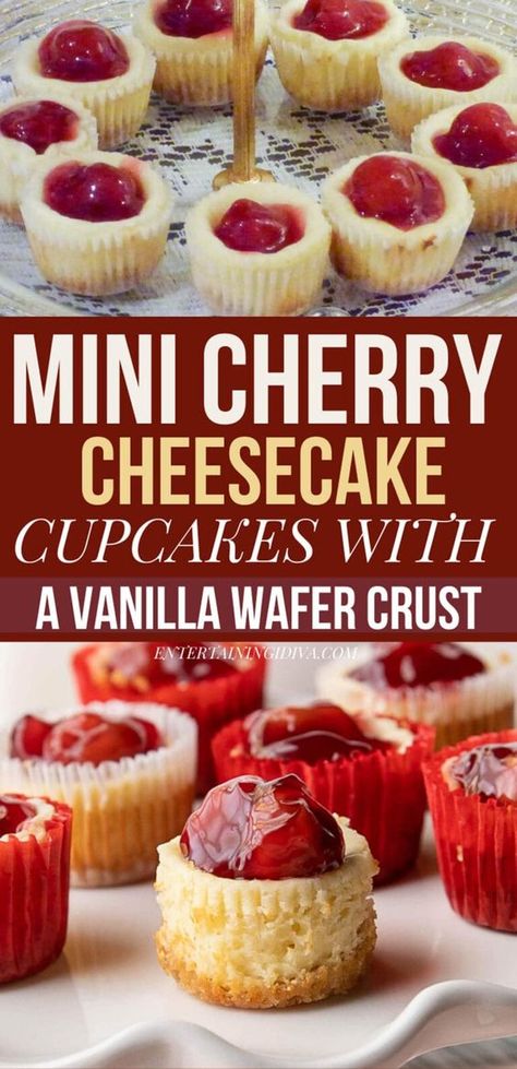 This mini cherry cheesecakes recipe with a vanilla wafer crust are a smaller version of traditional cheesecake that is faster and easier to make! Mini Cherry Cheesecakes Nilla Wafer, Cherry Cheesecake Dessert Cups, Seven Sisters Recipes, Mini Cheesecakes Vanilla Wafers, Miniature Cherry Cheesecakes, Mini Cheesecakes Nilla Wafers, Mini Cherry Cheesecakes Vanilla Wafers, Cupcake Pan Cheesecakes, Vanilla Wafer Cheesecake Cupcakes