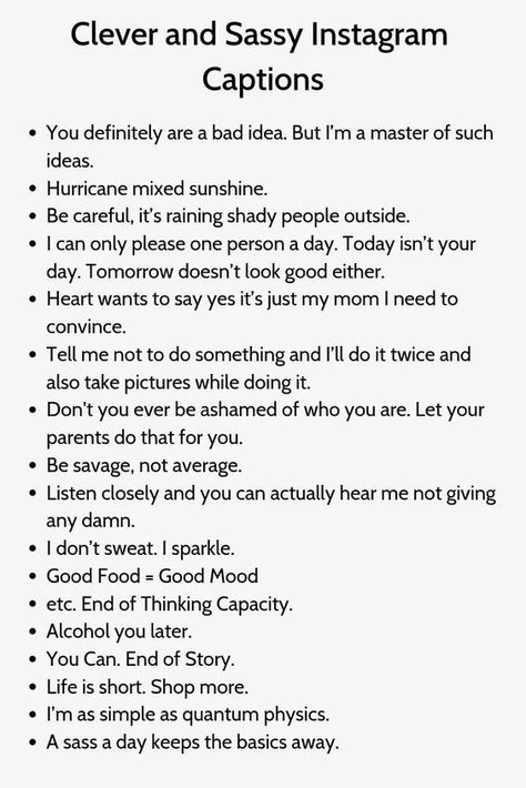 Sassy Instagram Captions Captions For Instagram Funny, Captions Sassy, Sassy Instagram Captions, Beach Instagram Captions, Instagram Caption Lyrics, Caption Lyrics, One Word Instagram Captions, Funny Instagram Captions, Witty Instagram Captions