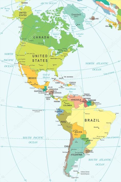 North And South America Map, America Map Illustration, Free Printable World Map, India World Map, World Map Continents, America Continent, Maps Aesthetic, Brazil Map, South America Map