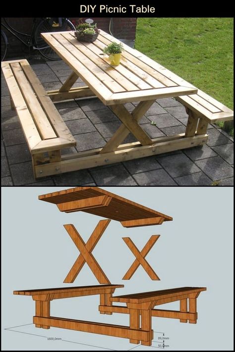 Build A Picnic Table, Diy Picnic, Diy Picnic Table, Picnic Table Plans, Wooden Picnic Tables, Diy Patio Decor, Wood Lamp, Diy Holz, Pallet Furniture Outdoor