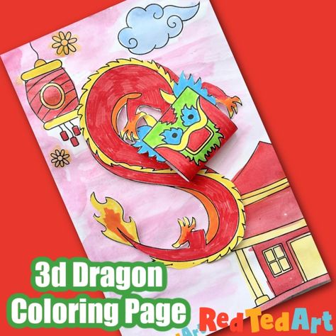 Super fun mixed media 3d Dragon Coloring Page for Chinese New Year. 2024 is the Year of the Dragon and this is a fabulous printable activity! The post Chinese New Year Dragon 3d Coloring Page appeared first on Red Ted Art - Kids Crafts. Year Of The Dragon 2024 Craft, Dragon Art And Craft, Lunar New Year Of The Dragon, Year Of The Dragon Art, Lunar New Year Crafts For Kids, Year Of The Dragon Art Project, Chinese New Year Art For Kids, Lunar New Year Dragon Crafts For Kids, Chinese New Year Dragon Craft