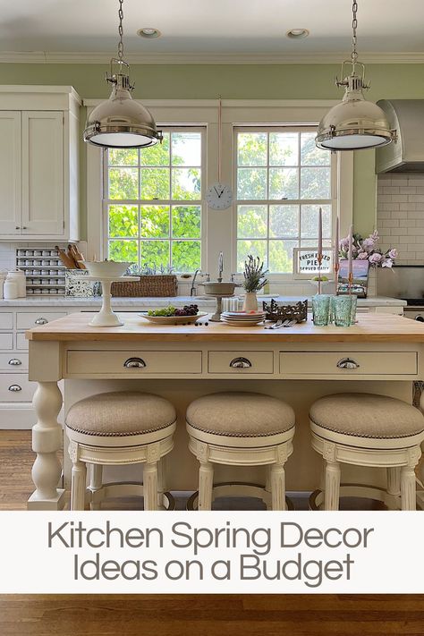 Spring Green Kitchen, Spring Decor Above Kitchen Cabinets, Bathroom Spring Decor Ideas, Butterfly Kitchen Decor Ideas, Kitchen Island Decor Ideas, Butcher Block Kitchen Island, Light Green Walls, Kitchen Shelf Decor, Butcher Block Kitchen