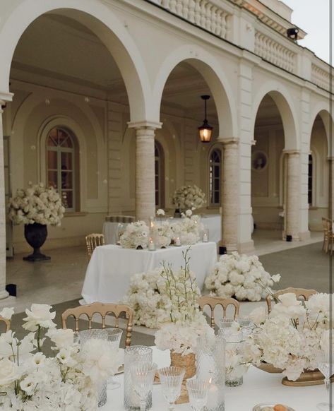 Wedding season in full bloom 🌸 Inspo from @andreapatrizifloraldesigner Cream Wedding Theme, Neutral Wedding Palette, Catholic Wedding Ceremony, Elegant Wedding Themes, Wedding Wows, Classic Elegant Wedding, Classic Wedding Decorations, Dream Wedding Decorations, Total White