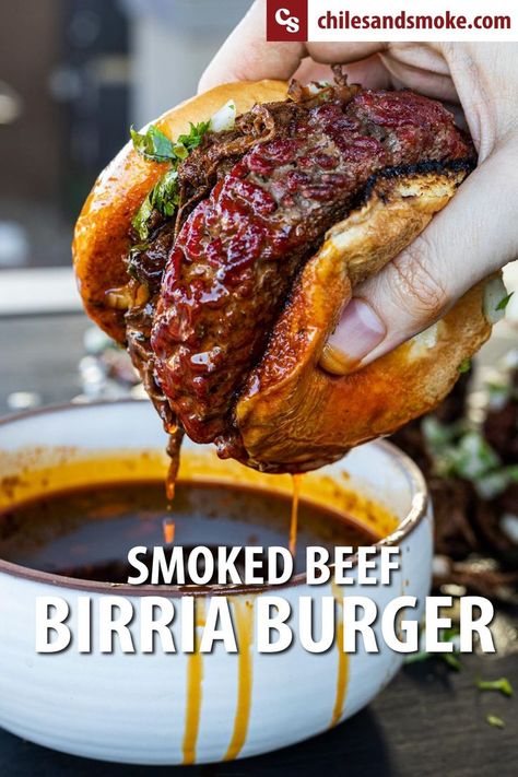 Two worlds collide into a fistful of beefy proportions with these Smoked Beef Birria Burgers. Grab a stack of napkins and get ready for the best burger of your life. Two recipes come together, braised beef birria and juicy smoked burgers. Place them on a toasted bun with a simple garnish, and dunk them into the rich consomé. The sauce is loaded with flavors from the braised beef birria, slowly cooked over the fire. #birriaburger #birria #smokedburgers #burgerrecipe #beefbirria Smoked Birria, Beef Birria, Smoked Burgers, Two Worlds Collide, The Best Burger, Smoked Meat Recipes, Worlds Collide, Smoked Beef, Smoked Cooking