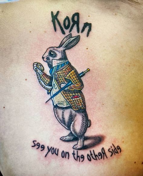 Korn Tattoo Ideas, Nh Tattoo, Korn Tattoo, Ampersand Tattoo, Metallica Tattoo, White Rabbit Tattoo, Korn Band, North Conway Nh, Sketch Style Tattoos