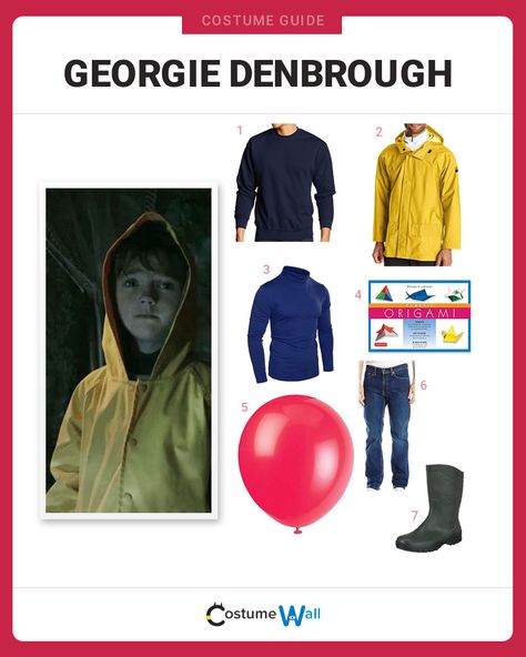 The best costume guide for dressing up like Georgie Denbrough, the little boy lured by Pennywise the Clown in Stephen King's movie It. Stephen King Costume Ideas, Cartoons Halloween Costumes, It Outfits Movie, Georgie Denbrough, Movie Character Halloween Costumes, Book Parade, Cartoon Halloween Costumes, Cute Emo Outfits, Character Halloween Costumes