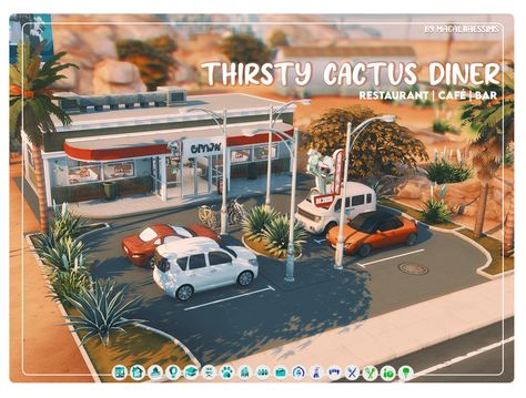 THIRSTY CACTUS DINER - MAXIS-MATCH CC BUILD Sims 4 Diner Build, Sims 4 Oasis Springs Build, Sims 4 Diner, Sims 4 Oasis Springs House, Sims 4 Restaurant, Lotes The Sims 4, Vintage Dining Set, Oasis Springs, The Sims 4 Lots