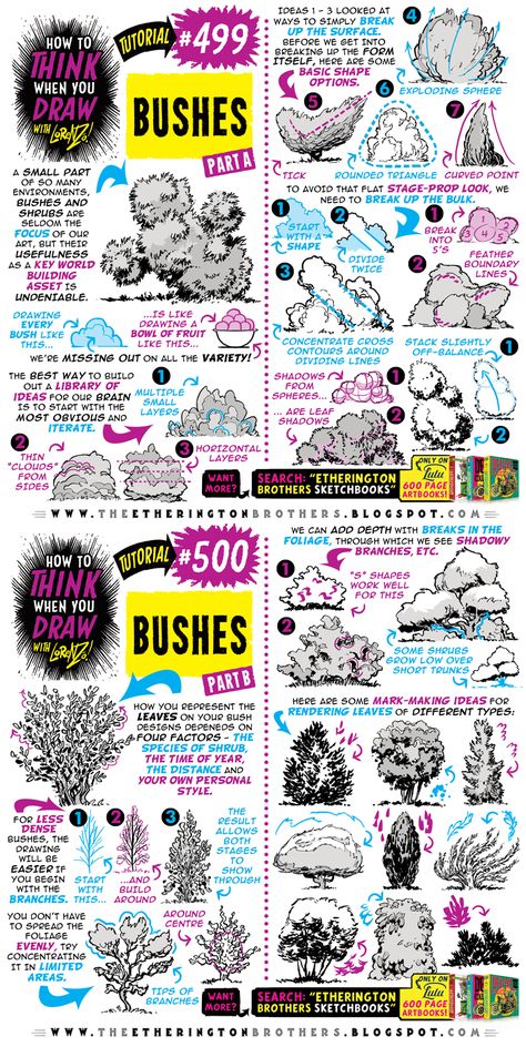 Draw Bushes, Castle Drawings, Cartoon Reference, Etherington Brothers, Leaves Tattoo, Comic Tutorial, Concept Art Tutorial, Art Resources, Digital Painting Tutorials