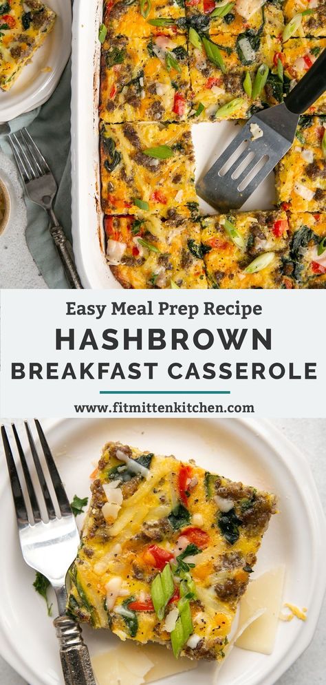 This Hashbrown Breakfast Casserole is packed full of breakfast sausage, shredded hash browns and tons of veggies to make you feel good. Cheesy, hearty and super savory, it’s everything you want for breakfast, brunch or a protein snack. Meal prep friendly, too. Clean Meal Prep Breakfast, Healthy Breakfast Casserole With Hashbrowns, Hashbrown Crust Breakfast Casserole, Meal Prep Breakfast Casserole, Healthy Overnight Breakfast Casserole, Breakfast Meal Prep Casserole, Healthy Hashbrown Breakfast Casserole, Healthy Breakfast Brunch Ideas, Heart Healthy Breakfast Casserole