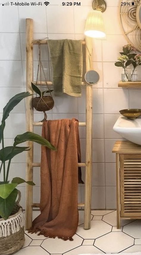 Bamboo Ladder Bathroom, Boho Blanket Ladder, Bathroom Ladder Decor, Blanket Ladder Decor, Bamboo Ladder, Bamboo Ladders, Bathroom Ladder, Authentic Decor, Earthy Decor