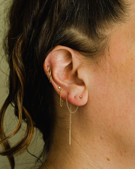 My everyday ear stack✨ threader earrings make for endless ear stacking possibilities ✨ Ear Stacking, Gold Threader Earrings, Threader Earrings Gold, Gold Items, Tiny Hoop Earrings, Ear Stack, Double Chain, Gold Piece, Pull Through