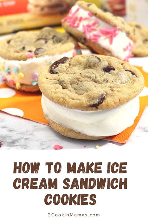 Learn how fun and easy it is to make Ice Cream Sandwich Cookies. Start with a package of cookie dough and your favorite ice cream. Bake up some fresh cookies, without the mess of making batter, and sandwich them with your favorite creamy ice cream. Decorate for the season with sprinkles, freeze for an hour then enjoy! #icecreamsandwiches #chocolatechipcookieicecreamsandwiches #chocolatechipicecreamsandwiches #howtomakeicecreamcookiesandwiches How To Make Ice Cream Sandwich Cookies, Ice Cream Sandwiches Cookies, Chocolate Chip Cookie Ice Cream Sandwich, Homemade Ice Cream Cookie Sandwiches, Homemade Cookie Ice Cream Sandwiches, Cookies For Ice Cream Sandwiches, Cookie Ice Cream Sandwich, Ice Cream Sandwich Packaging, Cookie Ice Cream Sandwiches