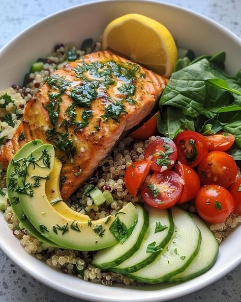 Lemon Herb Salmon, Salmon And Avocado, Herb Salmon, Avocado Bowl, Avocado Quinoa, Salmon Bowl, Salmon Avocado, Quinoa Bowl, Salmon Dishes