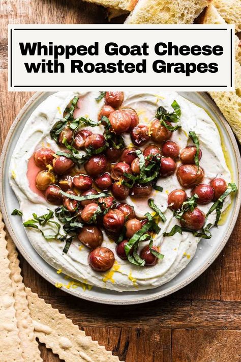 This Whipped Goat Cheese with Roasted Grapes is a delicious creamy dip recipe – it's sweet, salty, tangy, and just all around perfect. The whipped goat cheese element on its own is the perfect base for so many topping ideas (suggestions below), but I particularly love the roasted grapes. Grape Dip, Whipped Feta With Roasted Grapes, Baked Brie With Roasted Grapes, Roasted Grapes And Feta, Roasted Grapes And Brie, Goat Cheese Whipped, Roasted Grape Crostini, Grape And Goat Cheese Crostini, Roasted Grapes And Goat Cheese