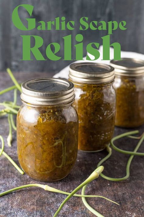 Garlic scape relish is incredibly easy and a great way to preserve lots of garlic scapes in one recipe. Great on burgers, hot dogs and more. Garlic Scapes Pickled, Gourmet Canning Recipes, Cooking With Garlic Scapes, Recipes For Garlic Scapes, Preserving Garlic Scapes, Pickled Garlic Scapes Recipes, Garlic Scape Relish, What To Do With Garlic Scapes, Garlic Scape Recipes