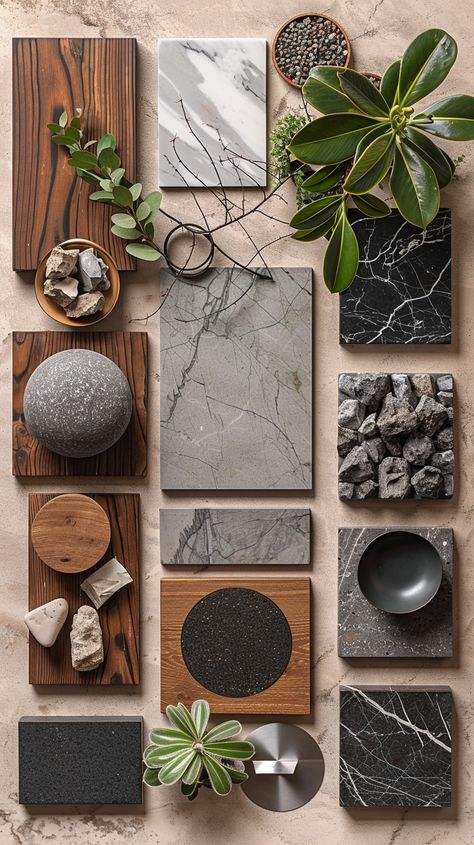 On Day 12 of our 15-day Trendy Material challenge, we feature the timeless elegance of marble tiles in mood board design. These tiles add sophistication and luxury, making them perfect for creating inspiring and cohesive design concepts. Their natural veining and polished surface provide a stunning focal point that elevates any mood board.
 Mood Board Design, Timeless Elegance, Sophistication, Luxury, Natural Veining, Polished Surface, Inspiring Design, Cohesive Concepts, Stunning Focal Point Organic Mood Board Interior, Dark Grey Mood Board, Home Finishes Mood Board, Trendy Interior Design 2024, Modern Material Board, Industrial Material Board, Flooring Mood Board, Material Sample Board, Spa Mood Board