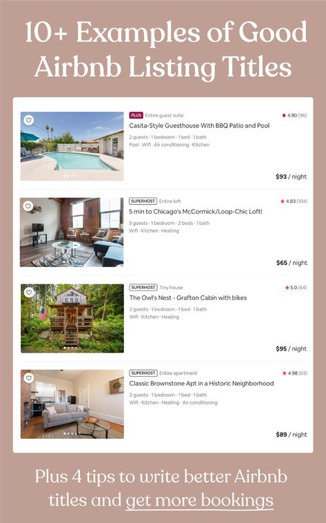 Check out these great Airbnb listing title examples. Plus learn how to get more bookings with these 4 tips on how to write a better Airbnb listing title. #airbnb #vacationrentals #airbnbmarketing #airbnbrankings Airbnb Listing Title, Airbnb Title Ideas, Glamping Airbnb, Airbnb Photos, Airbnb Marketing, Vacation Rental Host, How To Write Better, Airbnb Tips, Guest Wifi